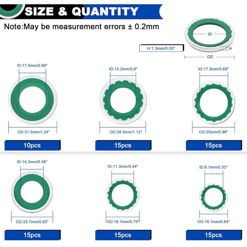 Daptemn 85PCS Air Conditioning Compressor Bonded Seal Washers Assortment Kit, 6 Sizes A/C System Compressor Port Gasket Repairs Universal Automotive Self-Centered Washers (ID: 8mm-17.5mm) (Green) - Image 2